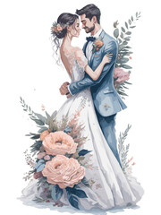  married couple with bouquet of flowers. Elegant groom and bride hand-painted illustration. Watercolor art isolated on white background. Template for wedding invitation, save the date, cards
