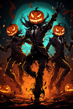 gruselige Halloween Geister / Monster mit leuchtenden Kürbissen beim tanzen in Partystimmung. Happy Halloween. Hochformat. Hochkant. Generative Ai.