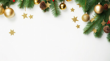 Obraz na płótnie Canvas Christmas style template white background pine branches christmas balls copy space.