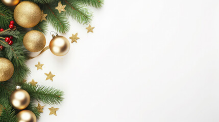 Naklejka na ściany i meble Christmas style template white background pine branches christmas balls copy space.