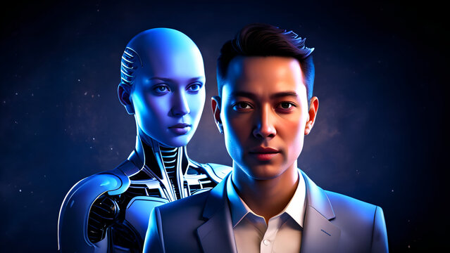 3d rendered realistic robot telling the future. Comparison of men and women. Robot vs human