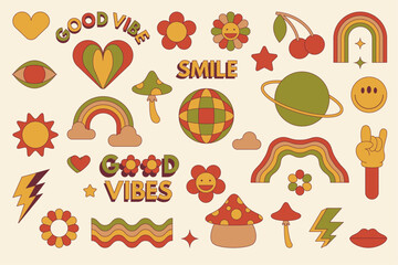 Big retro set of stickers with 70s 80s style elements. Old fashioned objects, psychedelic mushroom and daisy flower. Hippie outline colored icons