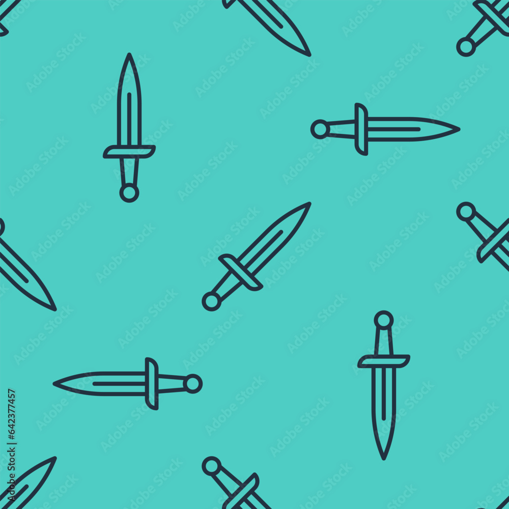 Poster black line dagger icon isolated seamless pattern on green background. knife icon. sword with sharp b