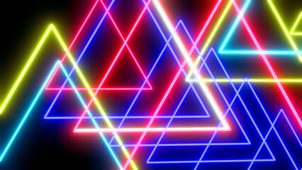 Abstract background multicolored triangles, neon glow colors.