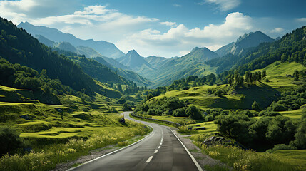 Asphalt road in the country and green mountains in summer.