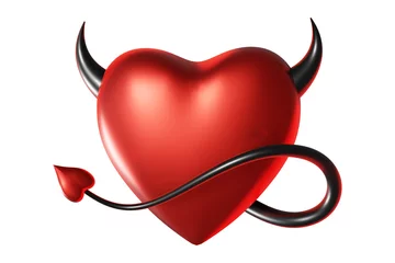 Foto op Plexiglas 3d romantic illustration of red heart with devil horn and tail on white color background. 3d love design of heart for valentine day banner © wowomnom