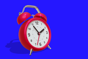 3d illustration of red retro alarm clock with arrow with shadow on blue color background
