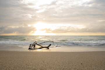 Beautiful landscape view of sea and empty beach on sunset. Sea sand sky concept.