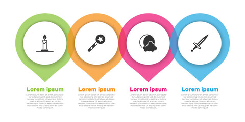 Set Burning candle in candlestick, Magic wand, Moon stars and Dagger. Business infographic template. Vector