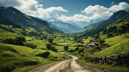 Naklejka premium Country road and green mountains in summer.