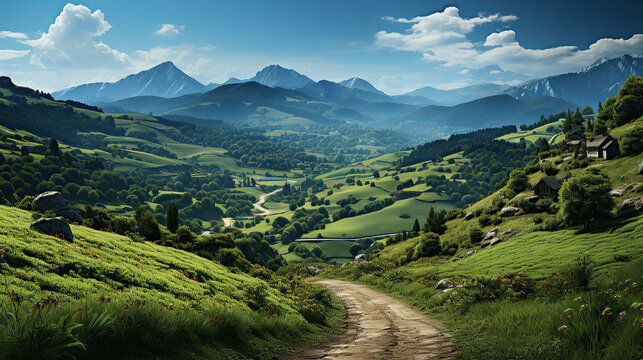 Country road and green mountains in summer.
