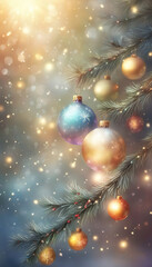 Obraz na płótnie Canvas Christmas background with shiny balls, Christmas tree and blurred lights.