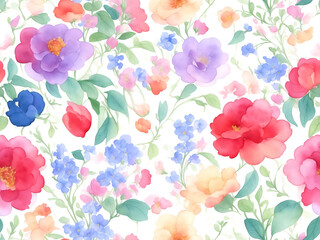 Watercolor flowers seamless pattern background, flowers made from watercolor paint splashes on white.