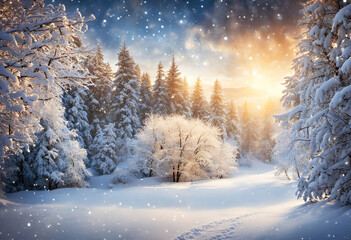Winter view of falling snow and snow covered trees, festive magical winter background.