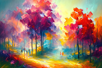 An autumn trees with orange leaves in the rain, Oil painting style illustration.