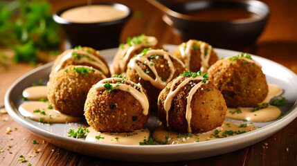 Fototapeta na wymiar A plate of crispy and golden falafel balls with a side of tahini sauce