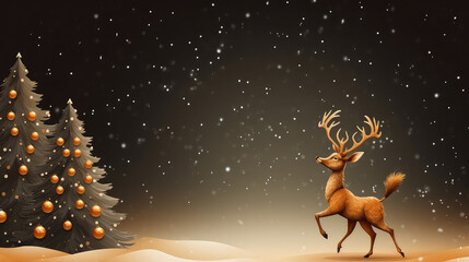 Golden tint christmas postcard with christmas tree and deer copy space
