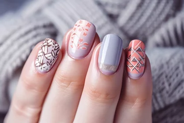 Papier Peint photo Lavable ManIcure Winter nail art manicure and_knitted_sweater generative ai