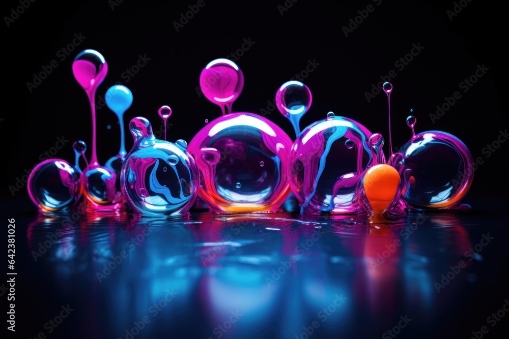 Poster abstract background with flowing fluid spheres and blobs. liquid blue and pink paint .