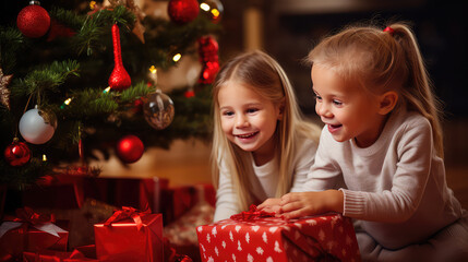 Fototapeta na wymiar Kids unwraping christmas gifts next to christmas tree