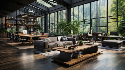 Modern gray open space office with wooden tables, side view.