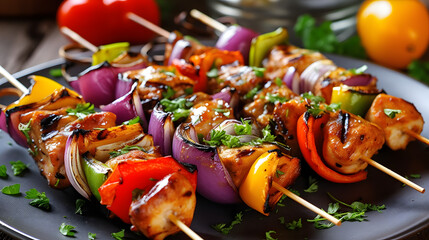 A plate of grilled chicken skewers with colorful bell peppers and onions - obrazy, fototapety, plakaty