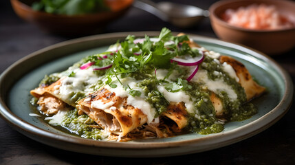 A plate of savory and flavorful chicken enchiladas with a smoky salsa verde