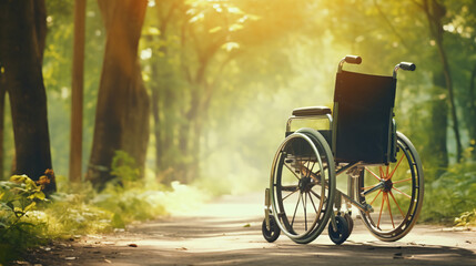 Fototapeta na wymiar Wheelchair in a park Empty wheel chair on a trail