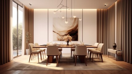 Fototapeta na wymiar Interior design inspiration of Modern Minimalist style home dining room loveliness decorated with Wood and Glass material and Chandelier .Generative AI home interior design .