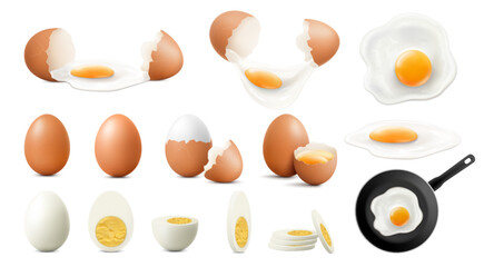 Set of whole, half, sliced and broken eggs. Raw, fried and boiled eggs, isolated on white background. Crack eggs with yolks. Eggshell and proteins. Fried eggs on frying pan. Realistic 3d vector.