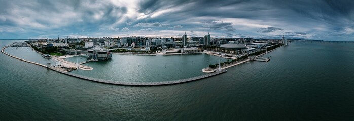 Aerial panoramic view Park of The Nations in Lisbon, Portugal with major attractions visible - obrazy, fototapety, plakaty