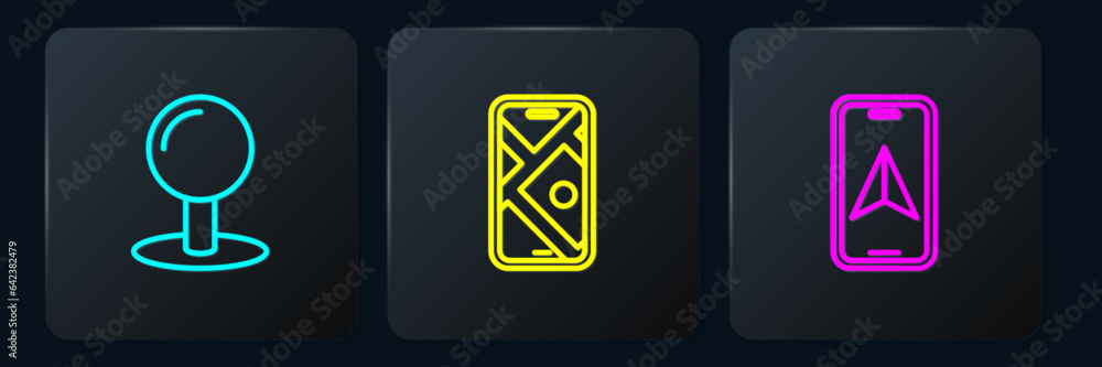 Poster set line push pin, city map navigation and . black square button. vector
