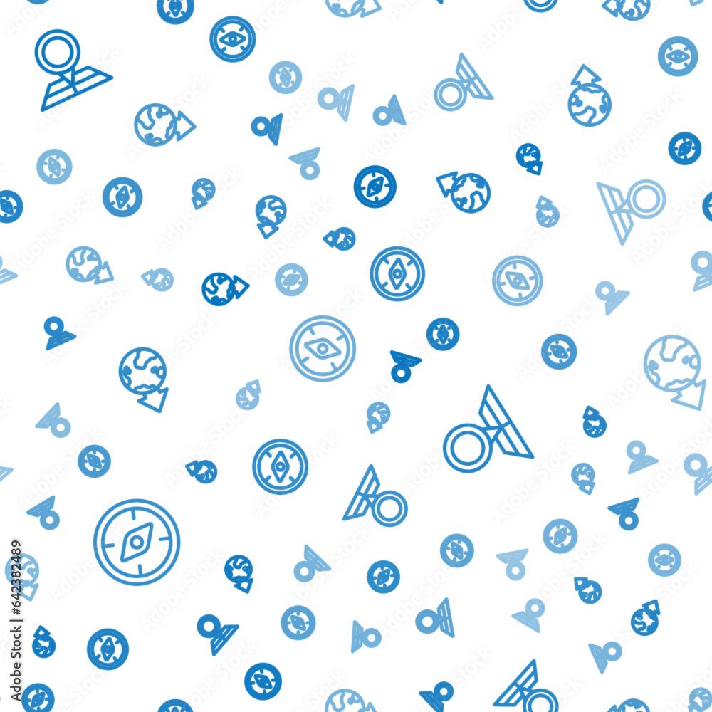 Poster set line compass, folded map with location marker and location the globe on seamless pattern. vector