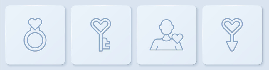Set line Wedding rings, Romantic man, Key heart shape and Female gender symbol. White square button. Vector