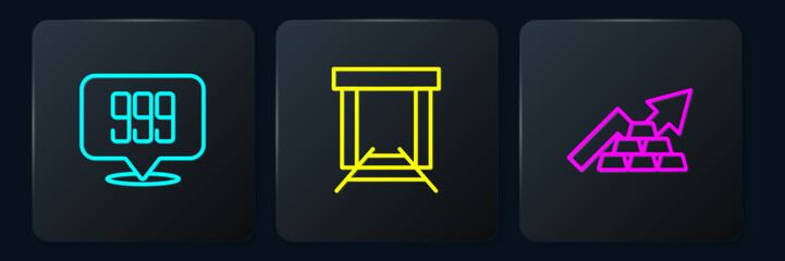 Set line Gold bars 24k, Growth arrow with gold and mine. Black square button. Vector