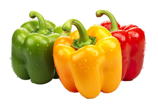 different three bell peppers with some dew drops on top on a white background isolated PNG
