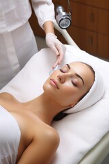 Obraz na płótnie Canvas Woman getting facial lifting therapy in beauty salon generative ai