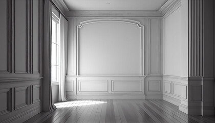 White wall with classic style mouldings and wooden floor, empty room interior, columns in the interior, Ai generated image 