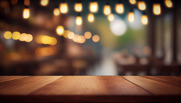 Wooden top table with bokeh light effect and blur restaurant of cafe, coffee shop, bar on blur background. Can used for display or montage your products,, Ai generated image