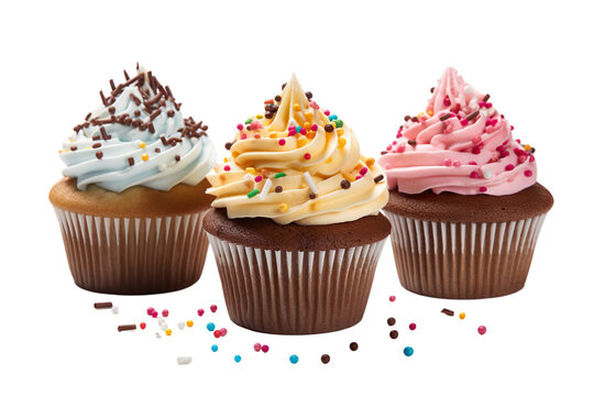 hyperrealistic high-definition image of three cupcakes with rich glazing and sprinkles on top on a white background isolated PNG