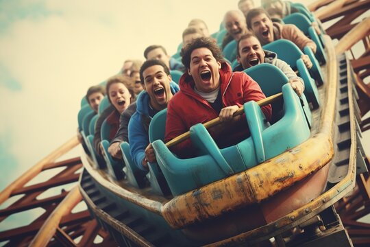 exciting roller coaster ride with cheerful friends