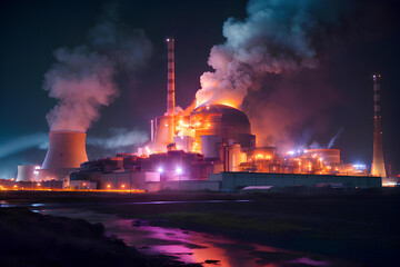Fire at a nuclear power plant in neon colors. Environmental disaster