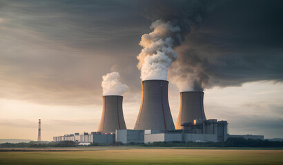 Atomic power plant at sunset. Production of electric and thermal energy. Nuclear energy concept