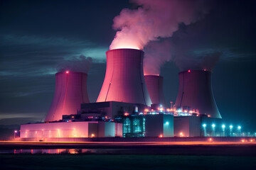 Atomic power plant at night in neon colors. Production of electric and thermal energy. Nuclear energy concept