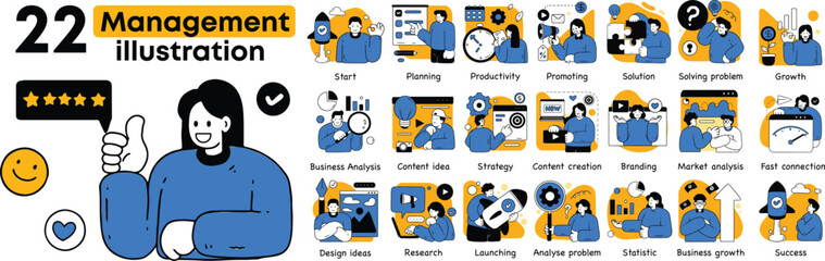 Management and Marketing vector icons and illustrations. Collection of scenes with men and women taking part in business activities. 