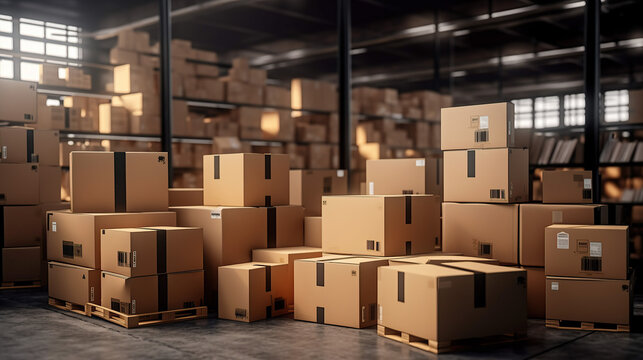 A spacious warehouse containing numerous boxes.