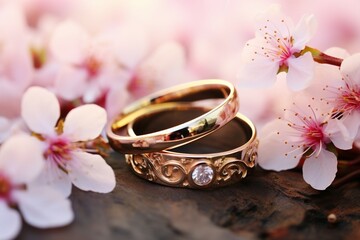Obraz na płótnie Canvas Wedding rings nestled amidst spring blossoms, a symbol of eternal love