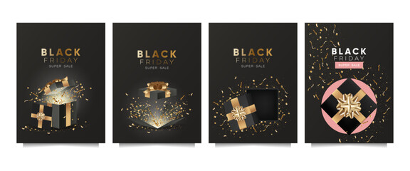 Black Friday sale banners set with confetti scattered around gift boxes on black background