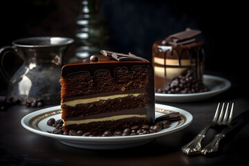 Chocolate cake exquisite cream layers on top of a plate that's sitting on top of coffee beans and a folk GenerativeAI
