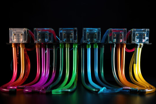 TPU (Tensor processing unit) Chip and Circuit Board with colored cooling liquid pipes